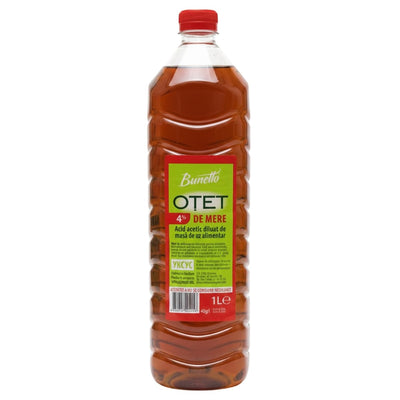 A 1L bottle of Bunetto Apple Vinegar with a red cap and green label featuring Romanian product details—ideal for salad dressings or pickling.