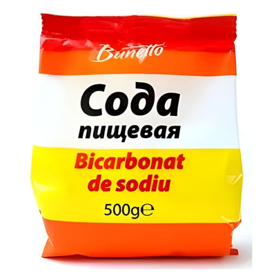 Bunetto - Baking Soda - 500g: Food-grade baking soda from Bunetto with Russian and Romanian labels in red, white, and yellow—perfect for natural cleaning.
