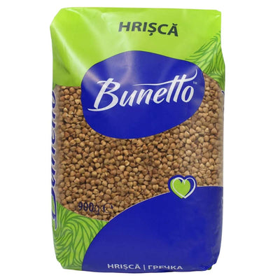 A 900g pack of Bunetto Roasted Buckwheat, labeled “HRISCA,” in green and blue packaging—ideal for Eastern European cuisine.