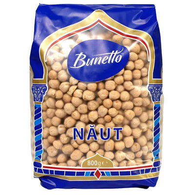 An 800g Bunetto Chickpeas (Naut) bag in blue and gold, with chickpeas—an excellent plant-based protein—visible through a clear window.