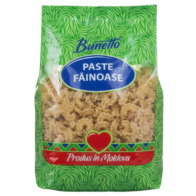 A green 1kg Bunetto package labeled "Paste Făinoase" and "Produs in Moldova" shows the Cocosei Mari Large Shells Pasta inside through a clear window.