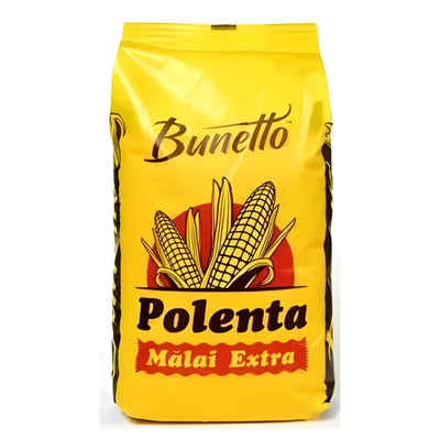 A yellow 900g bag of Bunetto Cornmeal, showing corn cobs and the Bunetto brand name in bold on the front.