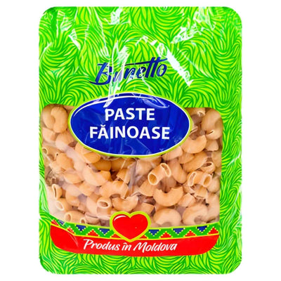 A green package of Bunetto brand Cornisoare screw shape pasta, labeled "Paste Făinoase," made from premium durum wheat semolina, with a red banner reading "Produs in Moldova." Net weight: 1Kg.