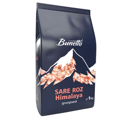 Bunetto - Himalayan Pink Granulated Salt 1Kg features mountain imagery on the label and is perfect as a gourmet seasoning.