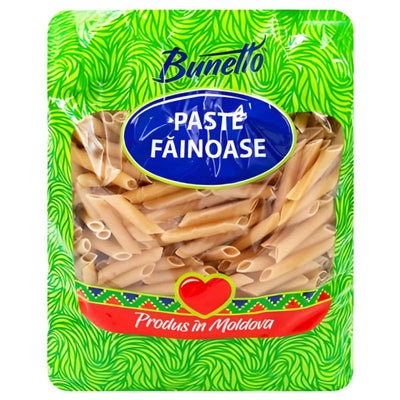 A green 1kg package of Bunetto - Penne Pasta displays "Paste Făinoase," features penne pasta, and is marked “Produs in Moldova” at the bottom.