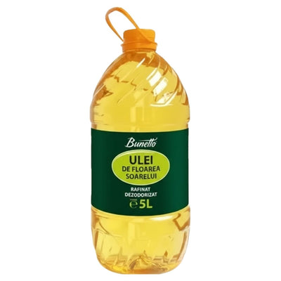 Bunetto - Refined Sunflower Oil - 5L is a high smoke point cooking oil in a plastic bottle, ideal for frying and sautéing.