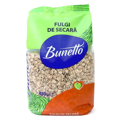 Bunetto - Rye Flakes - 450g is a high fibre cereal in green, orange, and clear packaging—ideal for a nutritious breakfast.