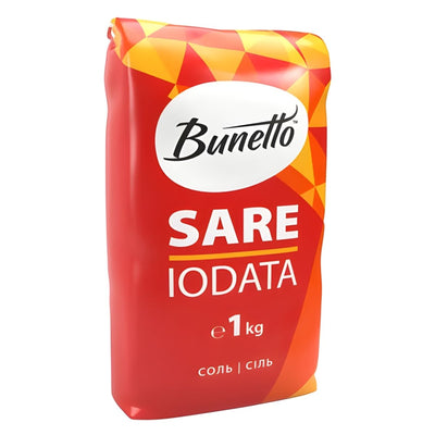 Bunetto - Salt - 1kg, a premium fine grain salt in a red and orange pack labeled "Sare Iodata," features multilingual text and comes from the Bunetto brand.