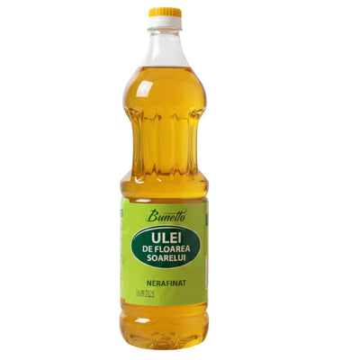 A 950ml bottle of Bunetto Unrefined Sunflower Oil, cold-pressed and labeled in Romanian, features a yellow cap and green label. This oil preserves natural goodness and is ideal for healthy cooking.