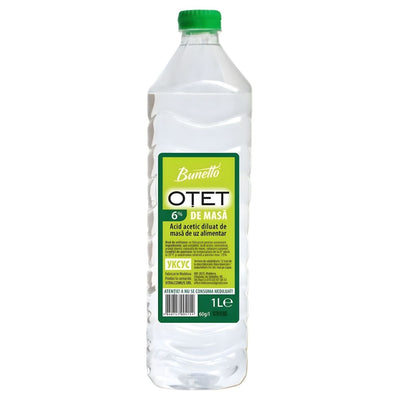 A 1L Bunetto Vinegar (6%) bottle features a green cap, green and yellow label in Romanian, and is perfect as a versatile Mediterranean cooking vinegar.