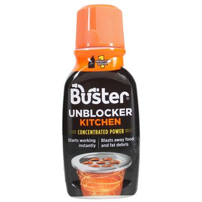 Buster - Kitchen Unblocker - 150g bottle with an orange cap, labeled “Unblocker Kitchen” with concentrated power to blast away fat and food build up.