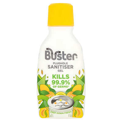 Buster Plughole Sanitiser Gel 300ml, with a yellow cap and green-yellow graphics, kills 99.9% of germs, deodorises drains, and keeps plugholes fresh and hygienic—a powerful drain cleaner.