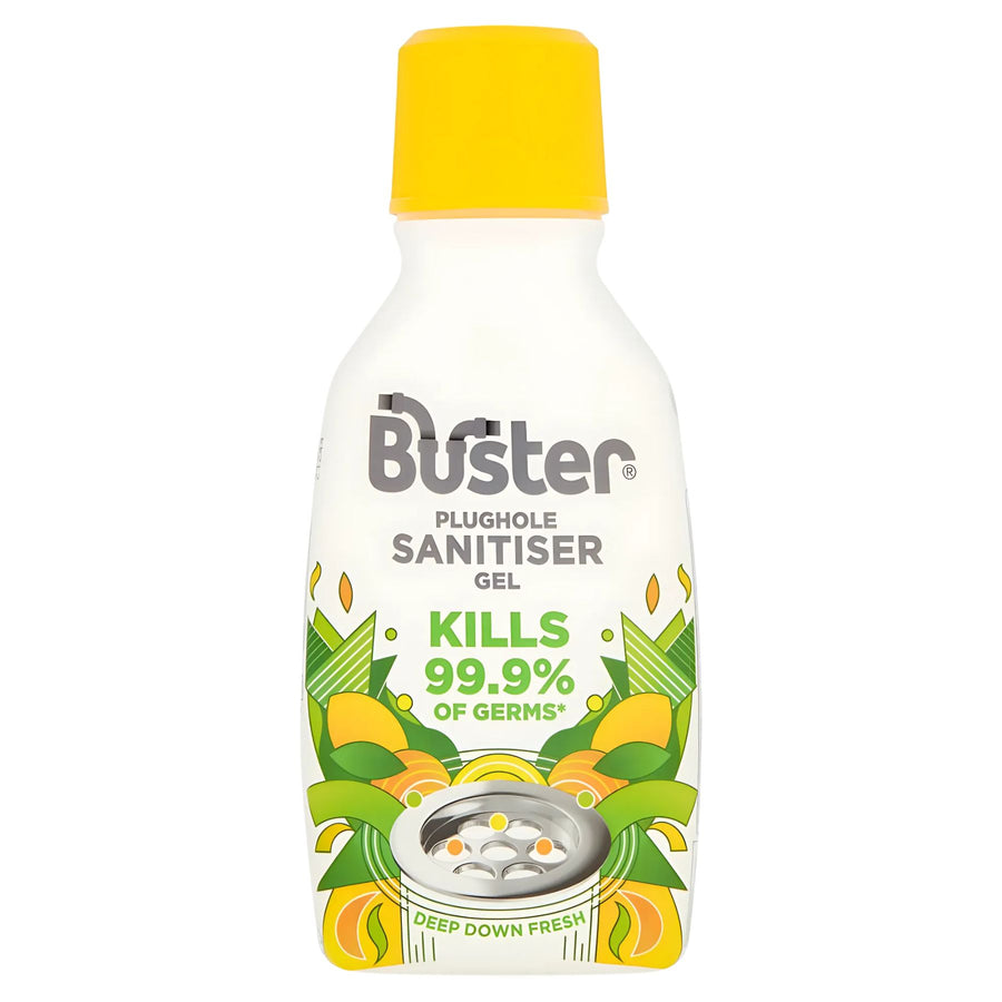 Buster Plughole Sanitiser Gel 300ml, with a yellow cap and green-yellow graphics, kills 99.9% of germs, deodorises drains, and keeps plugholes fresh and hygienic—a powerful drain cleaner.