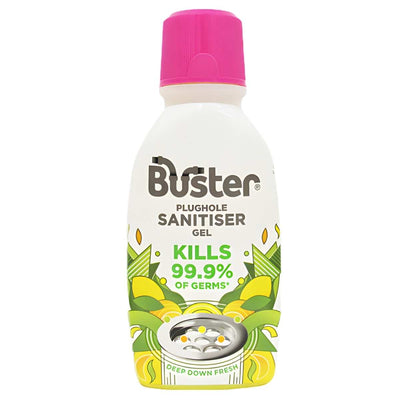 Buster Plughole Sanitiser Gel 300ml features a pink cap and kills 99.9% of germs. With lemon images and a drain on the label, it's ideal for tackling tough drain odours and keeping plugholes fresh.