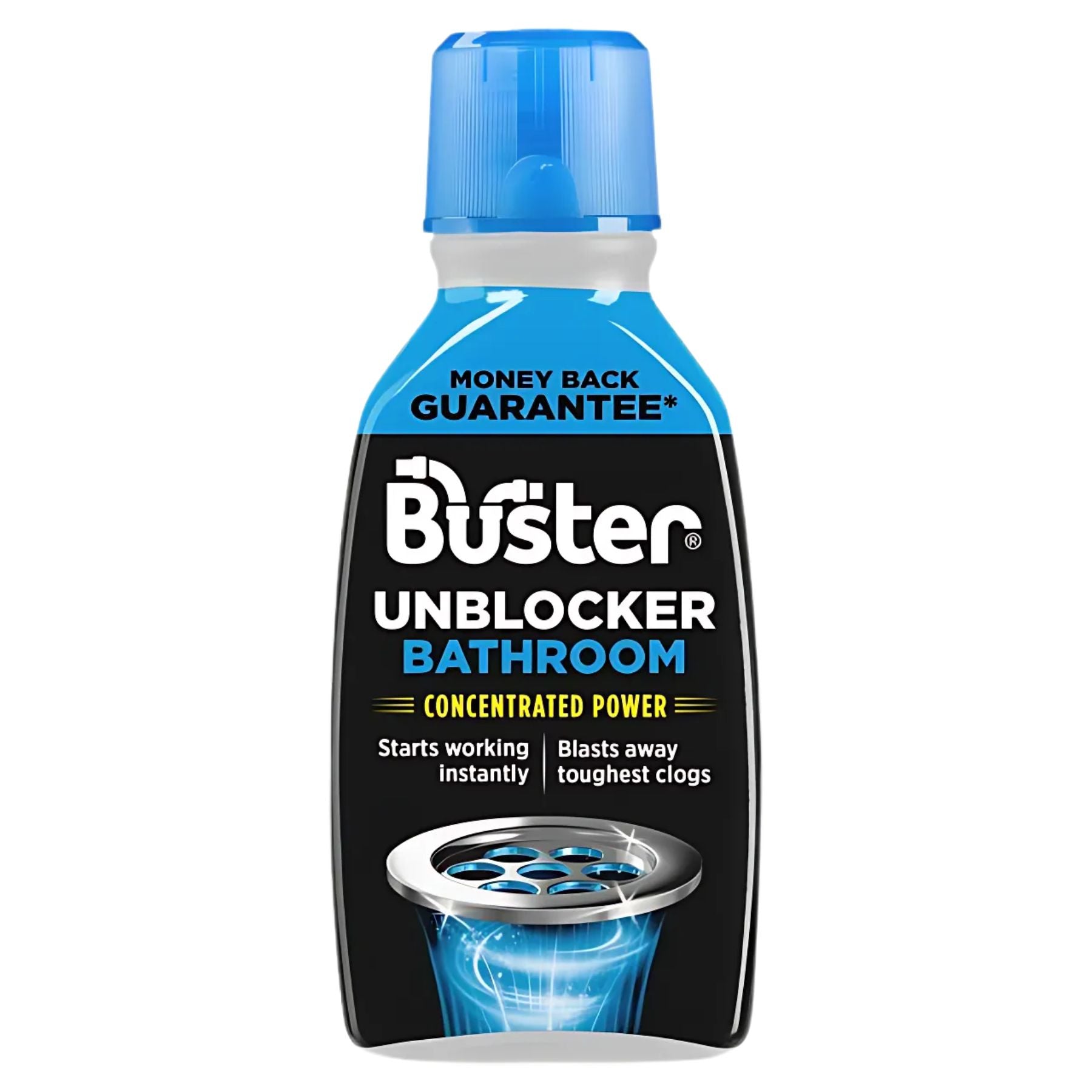 A 300ml bottle of Buster Plughole Unblocker Bathroom, a concentrated drain cleaner with a blue cap for tough bathroom clogs, comes with a money-back guarantee.