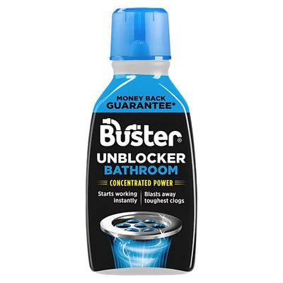 A 300ml bottle of Buster Plughole Unblocker Bathroom, a concentrated drain cleaner with a blue cap for tough bathroom clogs, comes with a money-back guarantee.