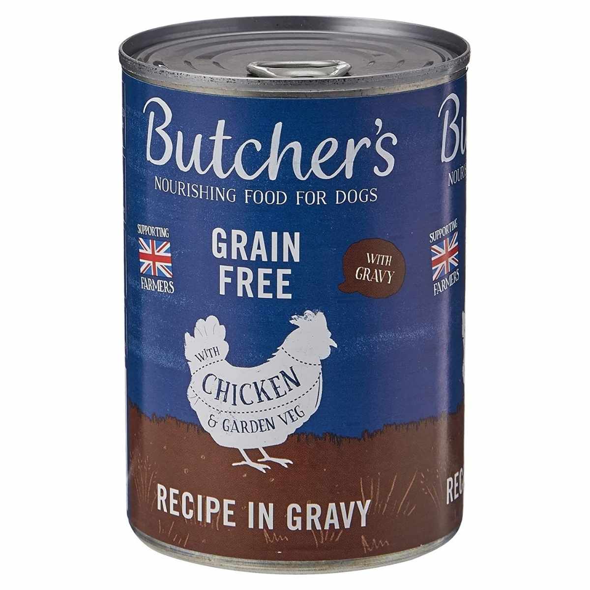 Can of Butcher's grain-free dog food with chicken and garden veg in gravy on a white background