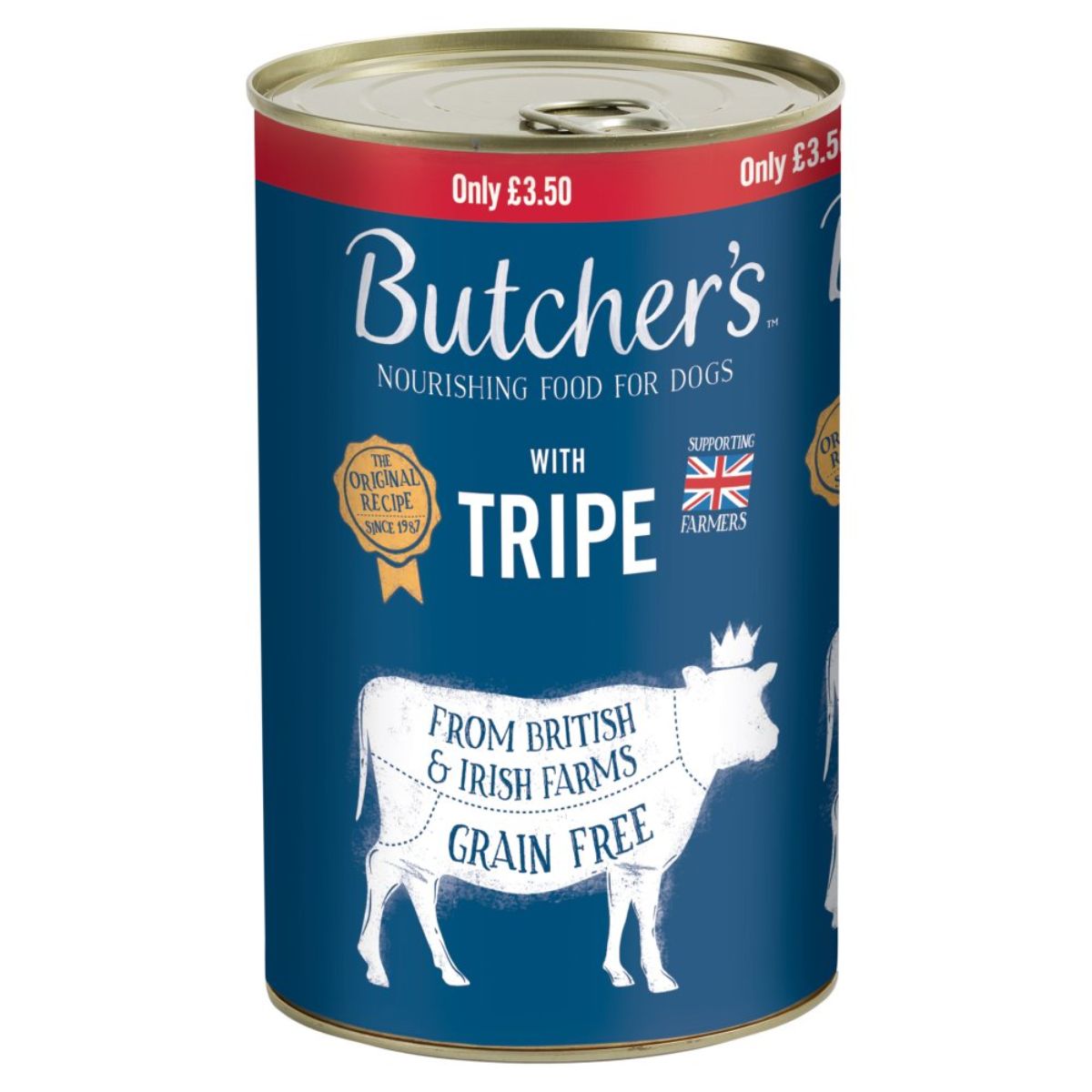 A 1200g can of Butchers nourishing dog food with tripe, showcasing a blue label, an illustration of a cow, and text emphasizing "Grain Free" and "From British & Irish Farms." Priced at £3.50.