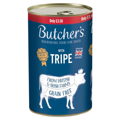 A 1200g can of Butchers nourishing dog food with tripe, showcasing a blue label, an illustration of a cow, and text emphasizing "Grain Free" and "From British & Irish Farms." Priced at £3.50.