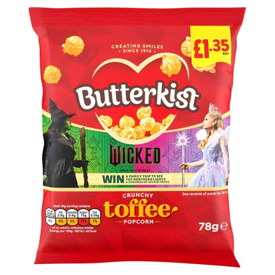Butterkist - Crunchy Toffee Popcorn (78g) by Butterkist, with a "Wicked" musical promo and a £1.35 price on red packaging—a tasty sweet and savoury snack.