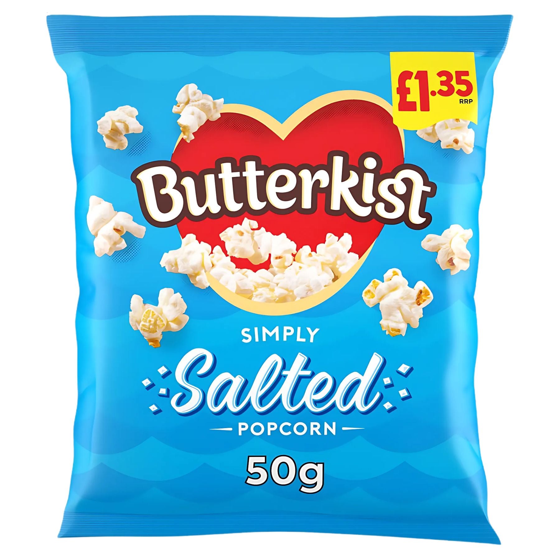 A 50g bag of Butterkist Salted Popcorn with a blue design, red heart logo, and £1.35 price in the top right corner—the perfect snack for any occasion.