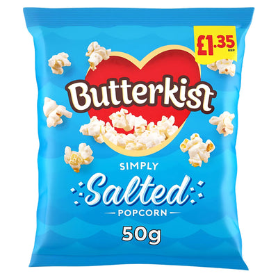 A 50g bag of Butterkist Salted Popcorn with a blue design, red heart logo, and £1.35 price in the top right corner—the perfect snack for any occasion.