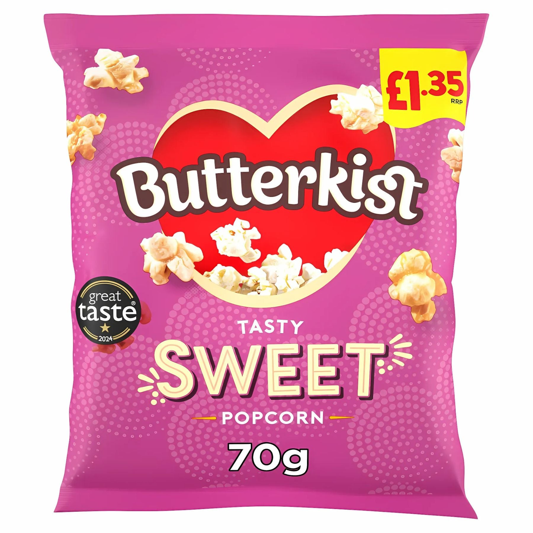 A 70g bag of Butterkist Sweet Popcorn in pink packaging, priced at £1.35 and featuring a Great Taste 2024 award label.