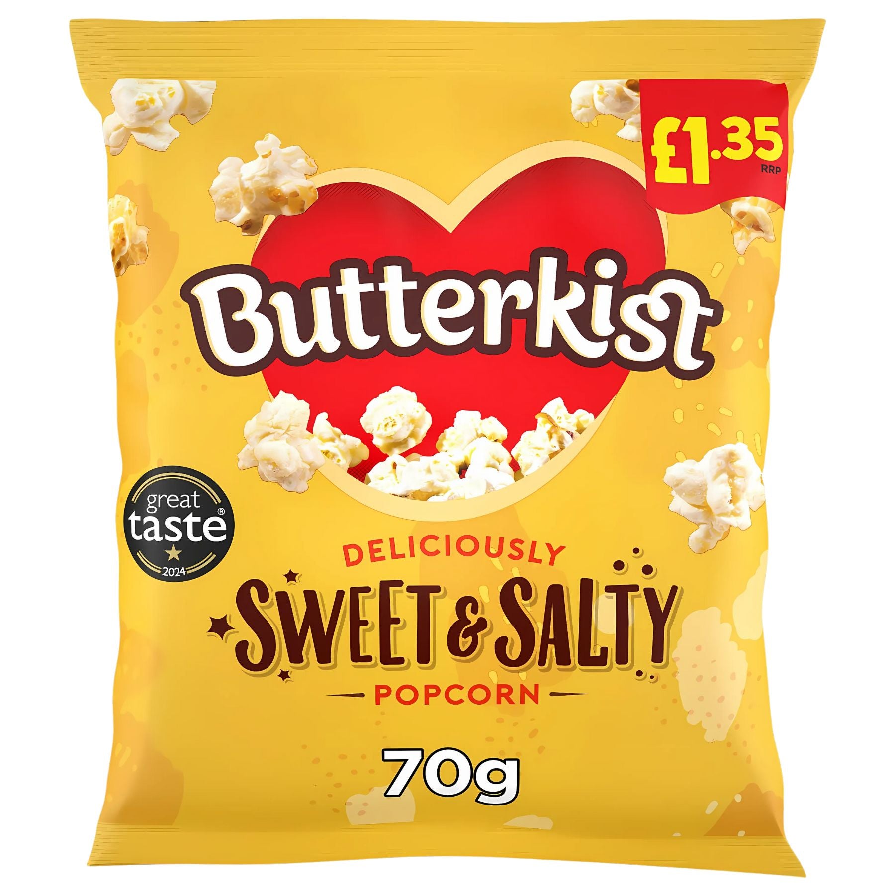 A 70g bag of Butterkist Sweet & Salt Popcorn in yellow packaging with popcorn graphics, Great Taste 2024 award badge, and priced at £1.35.
