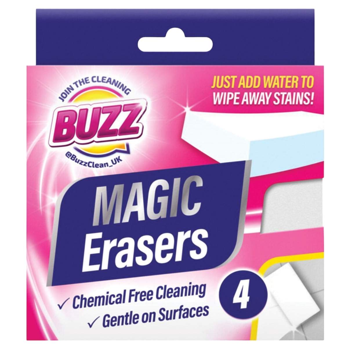 Buzz - Sponge Magic Erasers - 4Pack by Buzz offers chemical-free cleaning that's gentle on surfaces. The package contains four erasers; just add water to easily wipe away stains.