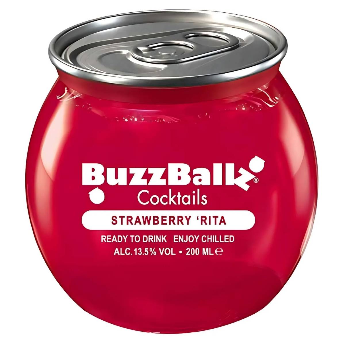 The 200ml Buzzballz - Strawberry Cocktail is a round can of refreshing boozy delight, boasting a 13.5% ABV and bursting with Strawberry ‘Rita flavor.