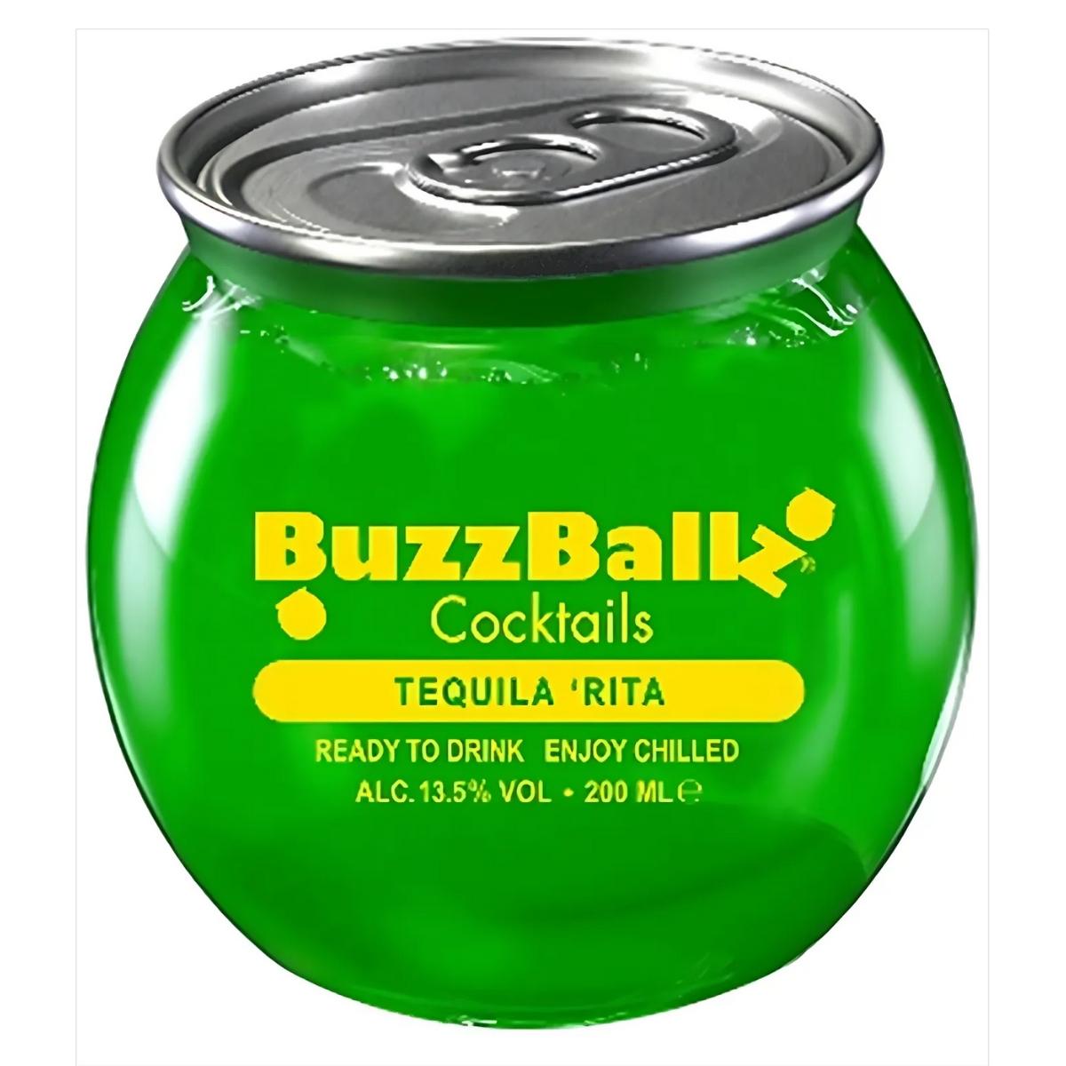 The BuzzBallz Tequila Cocktail, with 13.5% ABV in a 200 ml can, delivers a vibrant green hue and refreshing zesty twist.