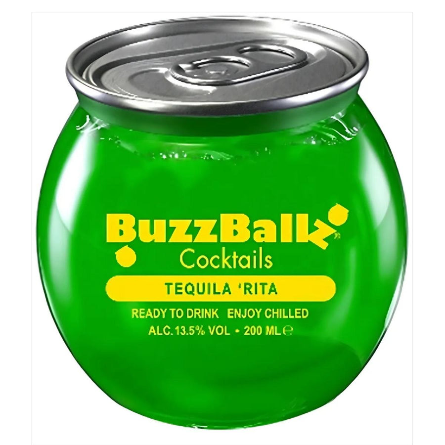 The BuzzBallz Tequila Cocktail, with 13.5% ABV in a 200 ml can, delivers a vibrant green hue and refreshing zesty twist.