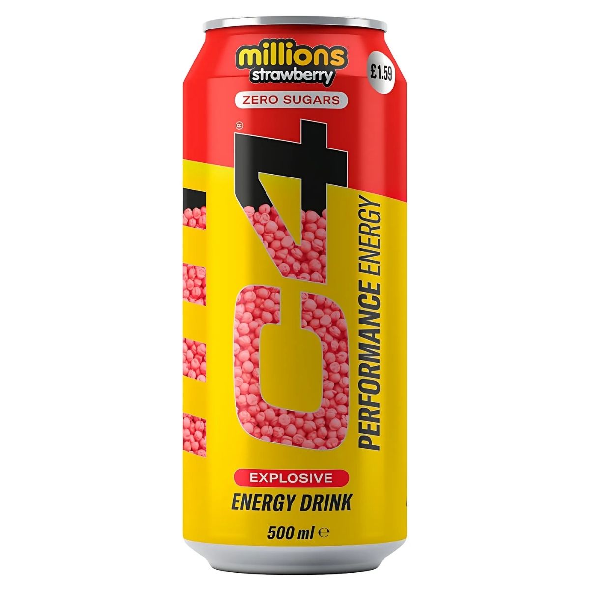 C4 - Millions Strawberry Energy Drink, 500ml: Red and yellow can with a pink candy image. Contains natural caffeine and electrolytes for an energy boost, with zero sugars. Priced at £1.59.