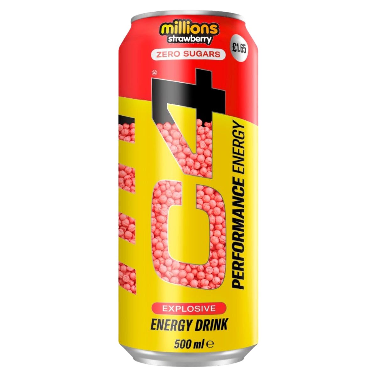 A 500ml can of C4 - Millions Strawberry Energy Drink from C4, featuring a yellow and red design with "Explosive Energy Drink" on the front. This zero sugar strawberry-flavored beverage is packed with natural caffeine and electrolytes for an invigorating boost.
