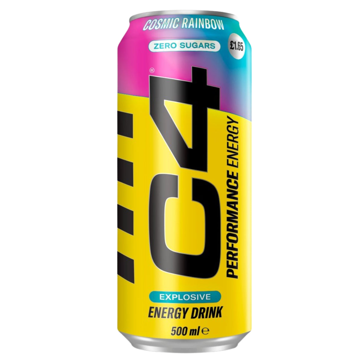 A 500ml can of C4 - Performance Energy Cosmic Rainbow Energy Drink by C4, featuring vibrant yellow, pink, and blue packaging, labeled zero sugars and priced at £1.65.