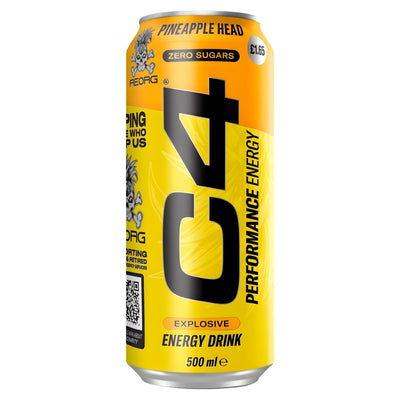 A 500ml can of C4 Pineapple Head Explosive Performance Energy Drink, zero sugars, priced at £1.65.
