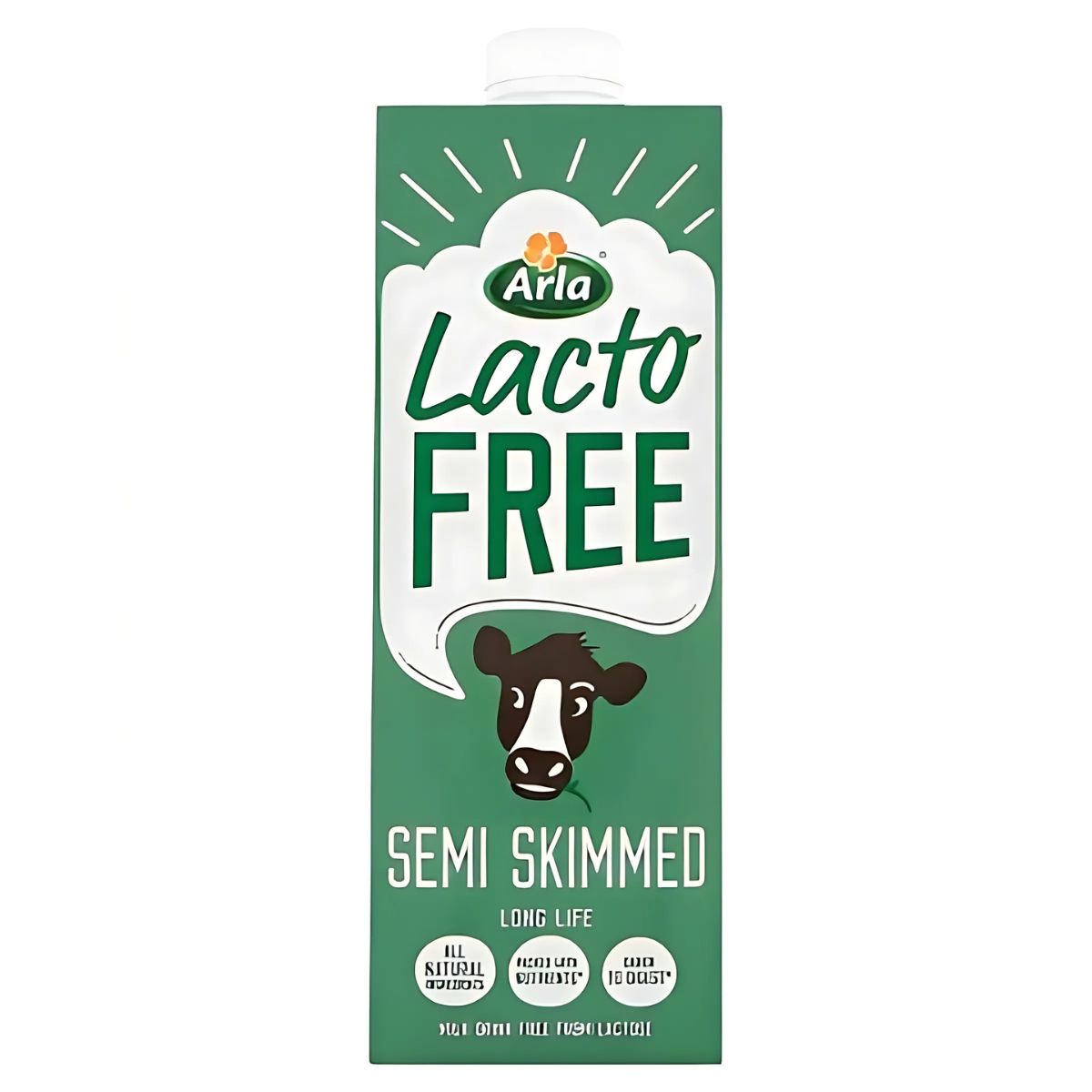 A green 1L carton of Arla Lactofree Long Life Semi Skimmed Milk features a cow illustration and product details on the front, providing delicious lactose free milk for everyday use.