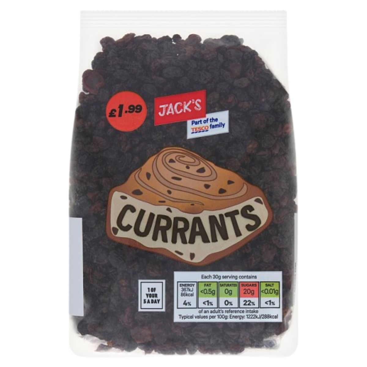 A 375g pack of Jack's Currants, priced at £1.99, features nutrition details and an illustration of a currant bun on its packaging.