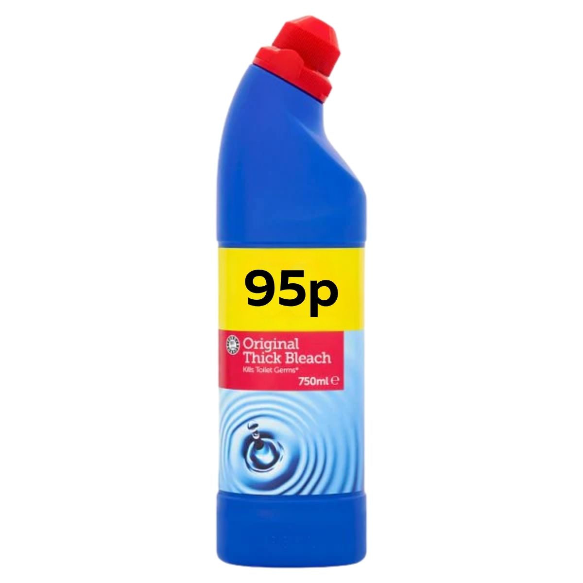 A 750ml Euro Shopper Original Thick Bleach bottle features a red cap, blue bottle, and a yellow 95p price label on the front.