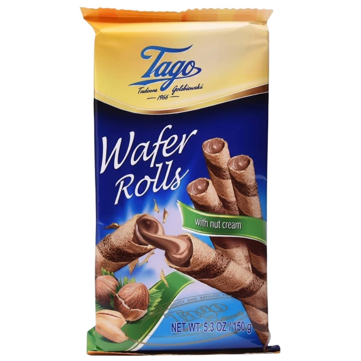Tago - Wafer Rolls with Hazelnut Cream (150g) by Tago, featuring an image of hazelnut wafer rolls and hazelnuts on the front. Net weight: 5.3 oz (150g).