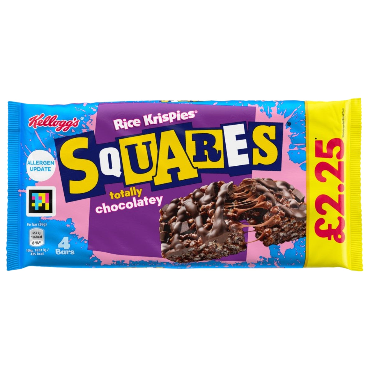 Kellogg's Rice Krispies Squares chocolatey bars in a colorful wrapper featuring blue, purple, pink, and yellow sections with a photo of the chocolate-covered rice krispies.