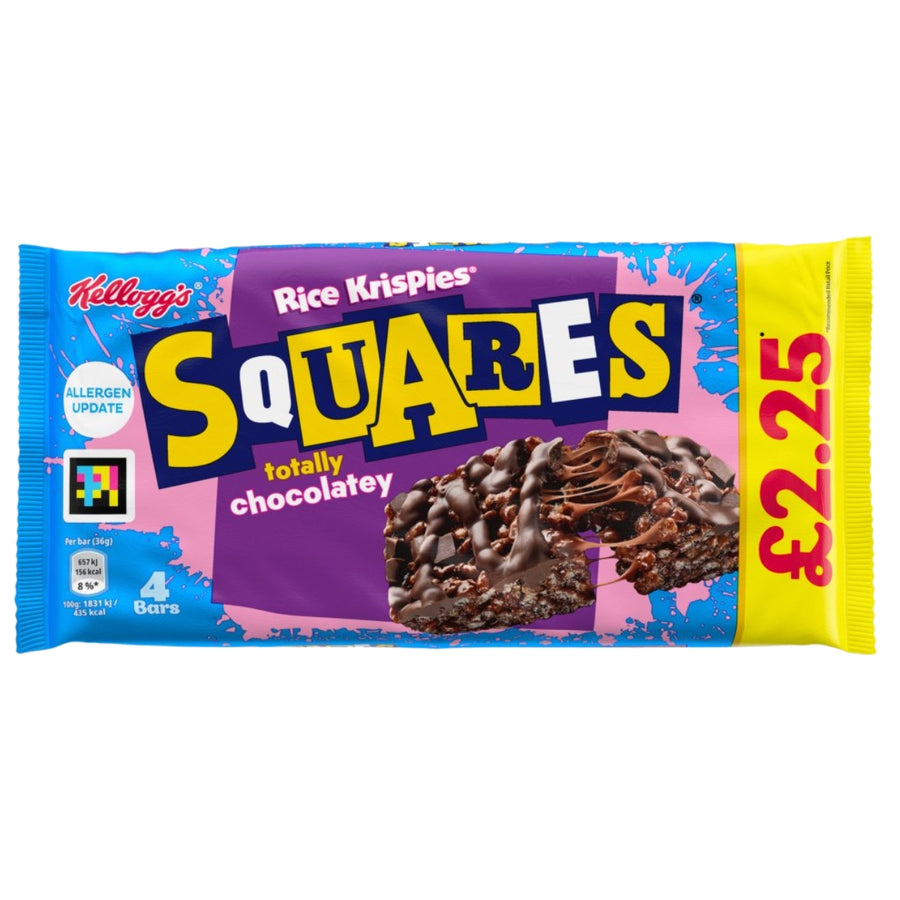 Kellogg's Rice Krispies Squares chocolatey bars in a colorful wrapper featuring blue, purple, pink, and yellow sections with a photo of the chocolate-covered rice krispies.