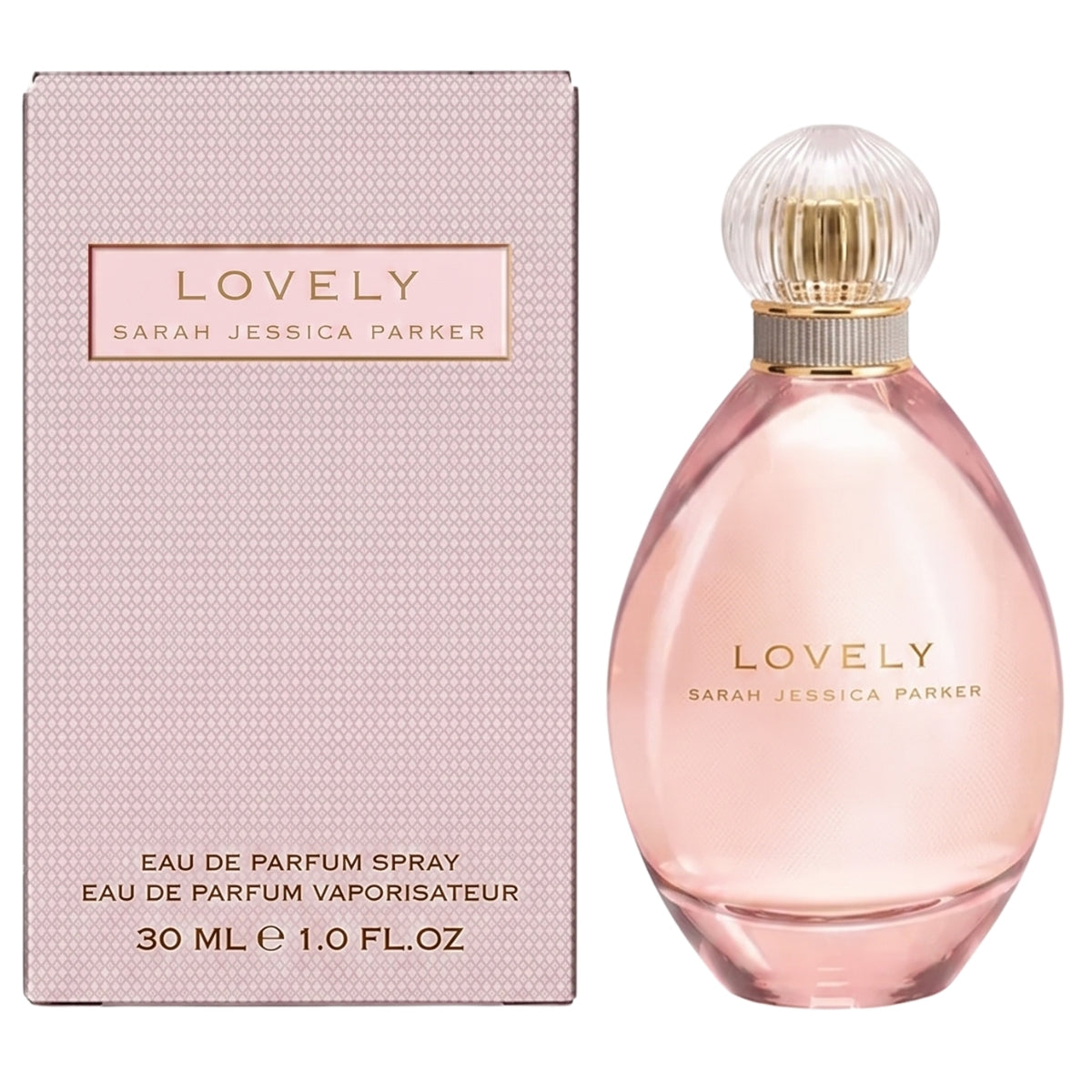 A 30 ml bottle of Sarah Jessica Parker - Lovely Eau de Parfum is displayed beside its soft pink box, reflecting the sophistication of this signature fragrance. The scent enchants with its elegant composition, and the label highlights key ingredients like alcohol denat.