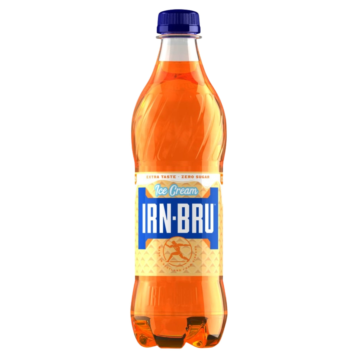 A 500ml bottle of Irn-Bru Zero Sugar Ice Cream soda, featuring the brand’s signature orange liquid and a blue cap, labeled “Zero Sugar.” No product description is available.