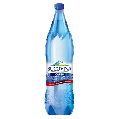 A 1.5L bottle of Bucovina Natural Sparkling Mineral Water.