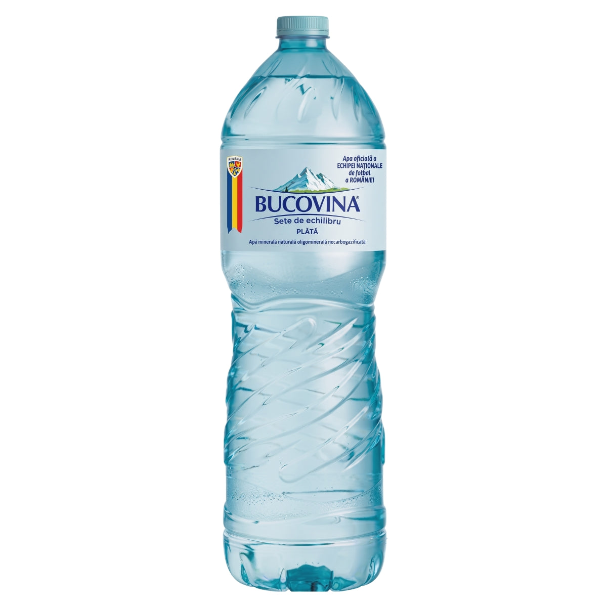 A 2 litre plastic bottle of Bucovina mountain spring water, featuring a clear blue-tinted bottle with a white label and a blue cap, isolated on a white background.