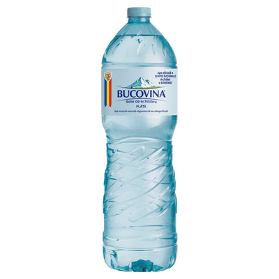 A 2 litre plastic bottle of Bucovina mountain spring water, featuring a clear blue-tinted bottle with a white label and a blue cap, isolated on a white background.