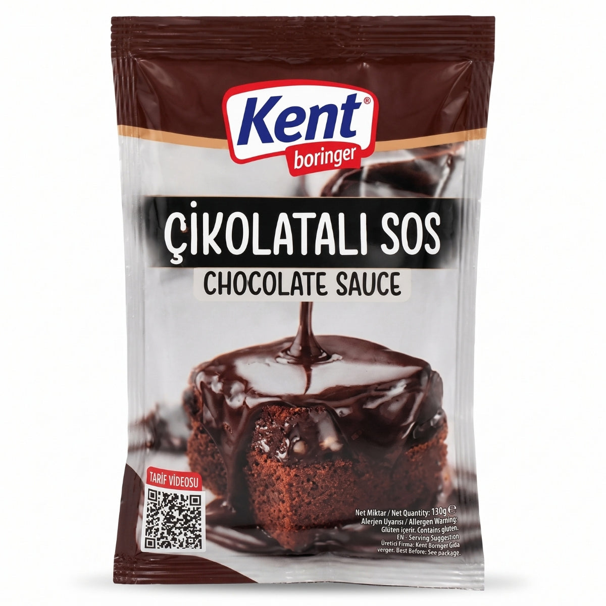 A 125g packet of Kent Boringer Chocolate Sauce Mix featuring an image of chocolate sauce being poured over a brownie on the front.