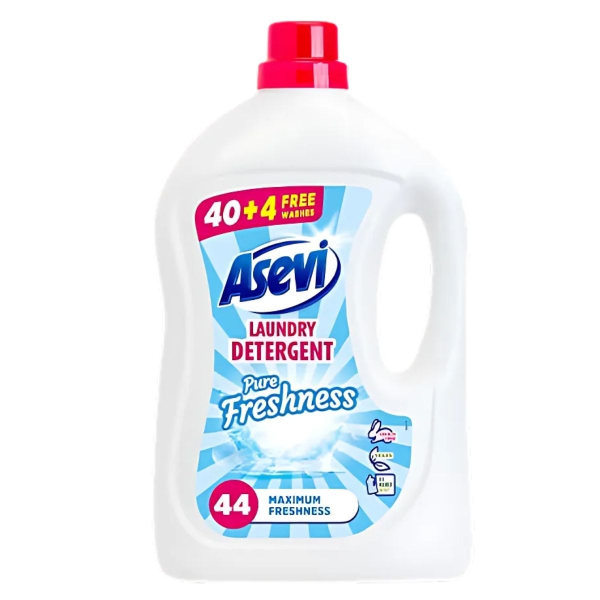 The Asevi - Pure Freshness Laundry Detergent, packaged in a 2.4L bottle that comes with a red cap, offers maximum freshness for your laundry routine and ensures clean clothes with 40 washes.