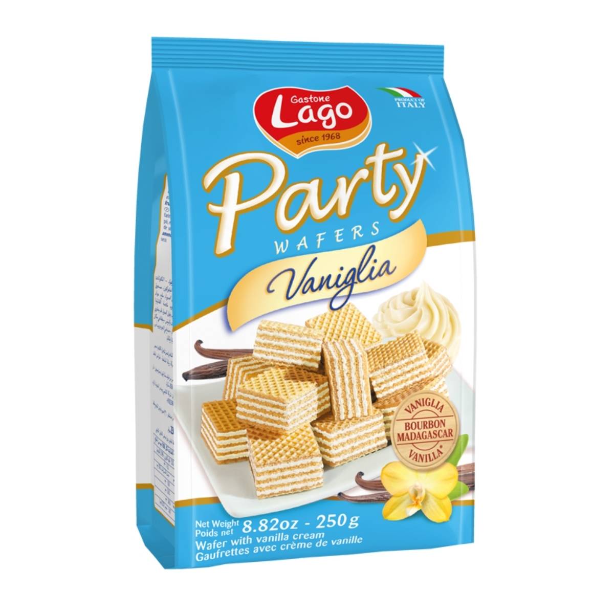 Indulge in a delicious snack with Lago - Party Vanilla Wafers - 250g, offering a delightful vanilla taste in every bite. The packaging showcases an inviting image of wafers and vanilla flowers against a tranquil blue backdrop.